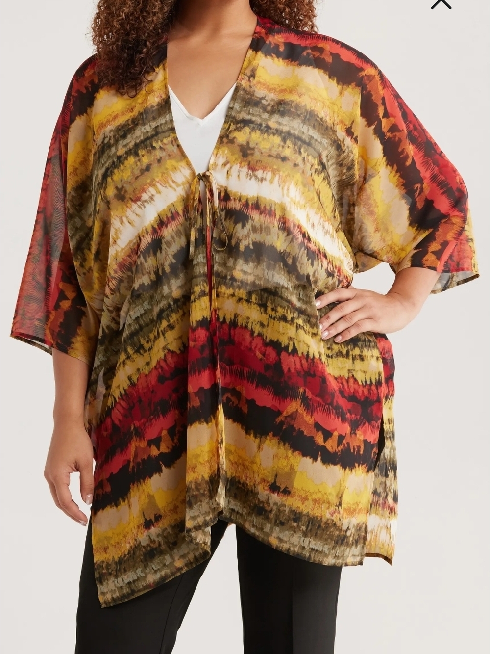 Anne Klein Multicolor Watercolor-Sheer Kimono Printed Tie Front Cardigan
